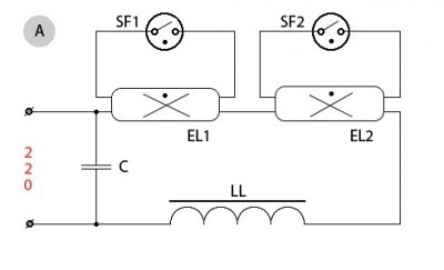 Параллельное подключение люминесцентных ламп - Схема 2ЛБ